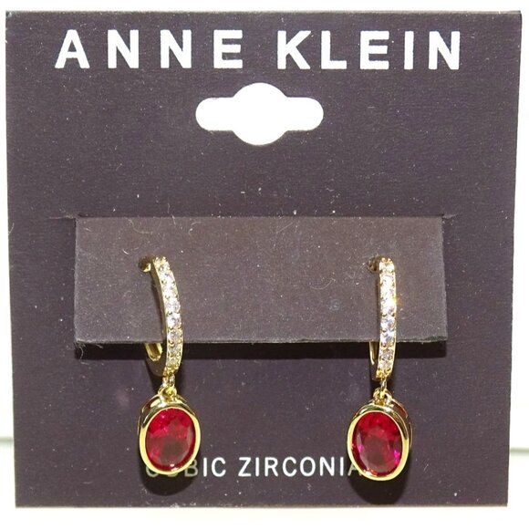 COPY - Anne Klein Gold-Tone Cubic Zirconia Red Oval Drop Earrings - Picture 2 of 4
